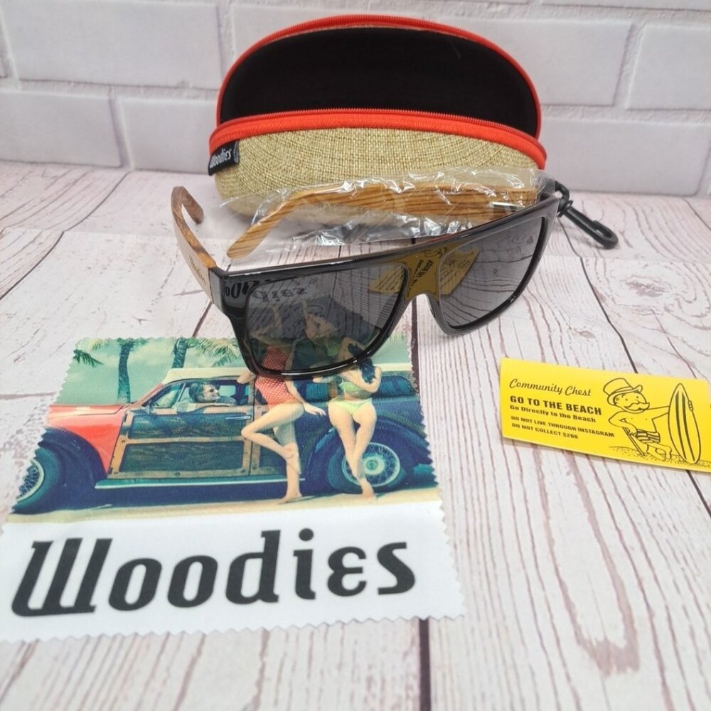 Woodies Sunglasses See You At The Beach Square Shades Black Lens, Wood‎ + Case